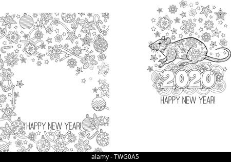 Anno nuovo congratulazioni card con numeri 2020, ratto e la festa di oggetti. Immagine per il calendario, libro da colorare. Illustrazione Vettoriale