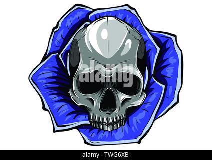 Cranio con rose centifolia tatuaggio da disegno a mano.arte del tatuaggio altamente dettagliate in linea giapponese di stile d'arte. Illustrazione Vettoriale