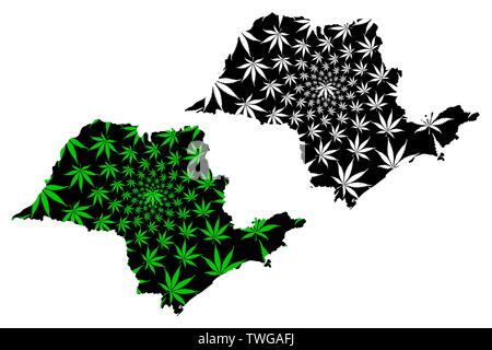 Sao Paulo (Regione del Brasile, stato federato, Repubblica Federativa del Brasile) mappa è progettato Cannabis leaf verde e nero, Sao Paulo (stato) mappa fatta Illustrazione Vettoriale