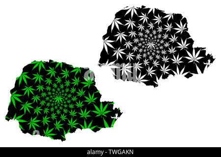 Paraná (Regione del Brasile, stato federato, Repubblica Federativa del Brasile) mappa è progettato Cannabis leaf verde e nero, Paraná (stato) mappa fatta di ma Illustrazione Vettoriale