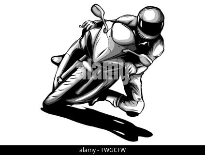 Biker, motociclo Vector grunge silhouette, emblema retrò e illustrazione di etichetta Illustrazione Vettoriale