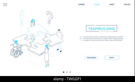 Teambuilding - linea uno stile di design isometrica banner web Illustrazione Vettoriale