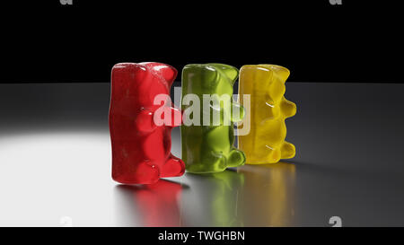 Gommoso di colore appoggia sulla superficie riflessa bassa chiave. Il rendering 3D Foto Stock
