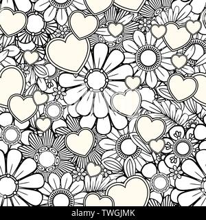 Il giorno di San Valentino seamless pattern con cuori e fiori. Pagina di colorazione per adulti libro da colorare. Disegnato a mano illustrazione vettore isolato su sfondo bianco. Illustrazione Vettoriale