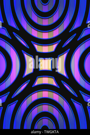 Il modello della fusione semicirconferenze, nero con un profilo convesso bordo blu è sovrapposta sulle strisce viola giacente su un giallo gradiente dello sfondo Foto Stock