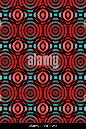 Monocromatico pattern seamless assemblato da intersecante ovali di colore nero con bordo rosso, giacente sulla luce convesso-turchese e rosso mette in evidenza Foto Stock