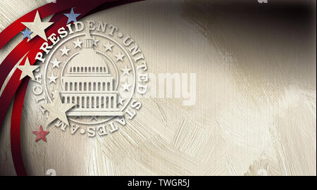 Illustrazione grafica di American Capitol Building icona e simulazione di tenuta del Presidente degli Stati Uniti e la bandiera americana componenti su sfondo astratto. Foto Stock