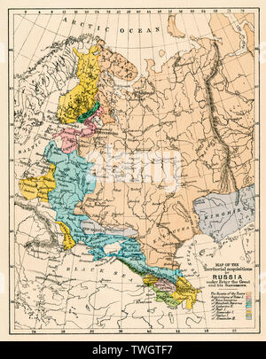 Mappa del territorio russo acquisita sotto la guida di Pietro I e più tardi zar. Litografia a colori Foto Stock