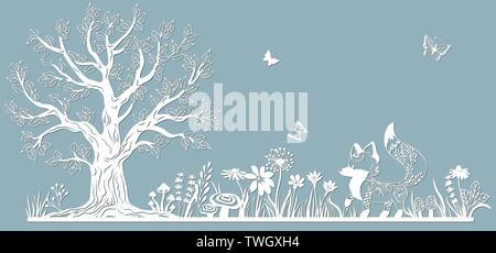 Modello glade per tagliare con un laser da carta. Linea con funghi, erba, e farfalle, legno e fiori. Per la decorazione e il design. Modello Illustrazione Vettoriale