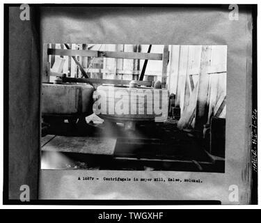 RW Meyer Sugar Mill- 1876-1889. Centrifugals, 1879, 1881. Produttore sconosciuto. Fornito da Honolulu Ferriera, Honolulu, Hawaii, 1879, 1881. Visualizza- vista storica, 1934, da T. T. Waterman raccolta, Hawaiian piantatori di zucchero' Association. Una volta che il melasso è stata separata dai cristalli di zucchero che è fluito attraverso i beccucci nella base della centrifugals. L' centrifugals pulegge può essere visto sotto il centrifugo. Quello centrifugo sulla destra è stata rinforzata con sette bande metalliche. Le maniglie per il meccanismo della frizione sono situati sopra il centrifugo. - R. W. Meyer mulino per lo zucchero, sta Foto Stock