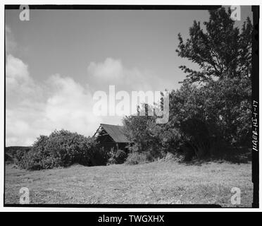 RW Meyer Sugar Mill- 1876-1889. Casa di ebollizione, 1878. Visualizza- angolo sud-ovest della casa di ebollizione. Il amimal-powered canna da zucchero Mill si trova nel sottobosco in primo piano a destra, - R. W. Meyer mulino per lo zucchero, Statale Route 47, Kualapuu, Maui County, HI Foto Stock