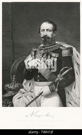 Napoleone III (1803-1873), il primo eletto Presidente della Francia 1848-52, l'Imperatore dei Francesi 1852-70, Half-Length ritratto, acciaio incisione, galleria di ritratti di illustri uomini e donne di Europa e America da Evert A. Duyckinck, pubblicato da Henry J. Johnson Johnson, Wilson & Company, New York, 1873 Foto Stock