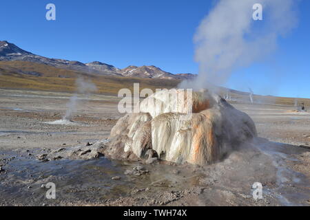 Geyser El Tatio nel deserto di Atacama, Cile settentrionale espelle acqua e vapore. Questo raro fenomeno esiste solo in pochi luoghi sulla Terra. Foto Stock