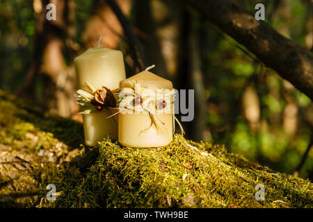 Due candele, due candele di cera su un vecchio log nella foresta. Foto Stock