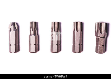 Cinque punte per cacciavite isolato su sfondo bianco. Foto Stock