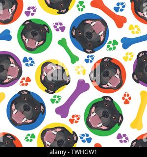 Colorato e giocoso Staffordshire Bull Terrier - Seamless pattern con giocoso illustrazione di un cane. Il Sorridente cane è un grande dono per gli amanti del cane Illustrazione Vettoriale