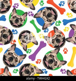 Colorato e giocoso bulldog francese - Seamless pattern con giocoso illustrazione di un cane. Il Sorridente cane è un grande dono per gli amanti del cane e cane owne Illustrazione Vettoriale