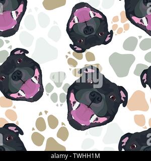 Zampe di cane pattern Staffordshire Bull Terrier - Seamless pattern con giocoso illustrazione di un cane e stampe della zampa. Il Sorridente cane è un grande dono per Illustrazione Vettoriale