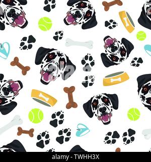 Sorridente cane dalmata - Seamless pattern con giocoso illustrazione di un cane e stampe della zampa. Il Sorridente cane è un grande dono per i proprietari di cani. Illustrazione Vettoriale