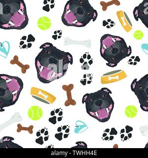 Sorridente cane Staffordshire Bull Terrier - Seamless pattern con giocoso illustrazione di un cane e stampe della zampa. Il Sorridente cane è un grande dono per il cane o Illustrazione Vettoriale