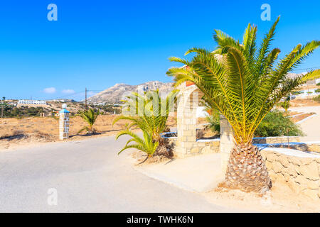 Strada costiera con palme lungo il bellissimo mare in spiaggia Ammopi, Karpathos Island, Grecia Foto Stock
