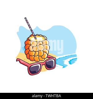 Cocktail di ananas in spiaggia con occhiali da sole illustrazione vettoriale design Illustrazione Vettoriale