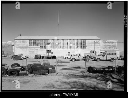 Elevazione laterale, guardando verso nord-ovest - Manzanar War Relocation Center, Auditorium, indipendenza, Contea di Inyo, CA Foto Stock