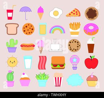 Bundle di emojis panetteria e fast food kawaii caratteri Illustrazione Vettoriale