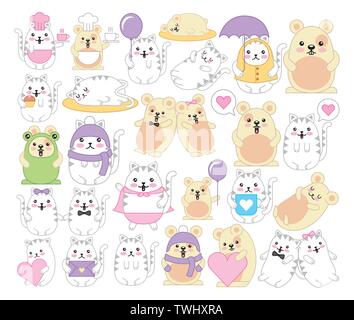 Bundle di gatti e mouse kawaii caratteri Illustrazione Vettoriale