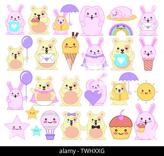 Bundle di emoticon e animali kawaii caratteri Illustrazione Vettoriale