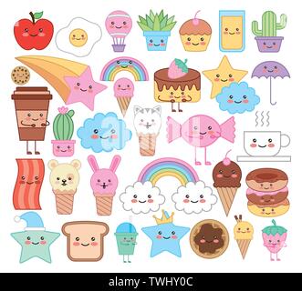 Bundle di emojis animali e alimenti kawaii caratteri Illustrazione Vettoriale