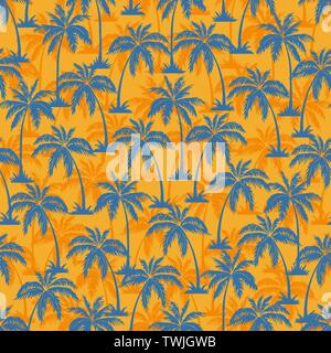 Palm tree seamless pattern. Hawaiian palme motivo ripetitivo. Blu su sfondo arancione. Illustrazione Vettoriale. per la stampa tessile, web, arredamento di casa Illustrazione Vettoriale