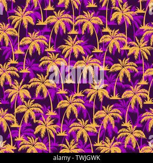 Palm tree seamless pattern. Hawaiian palme motivo ripetitivo. Giallo su sfondo viola. Illustrazione Vettoriale. per stampare, tessile, web Illustrazione Vettoriale