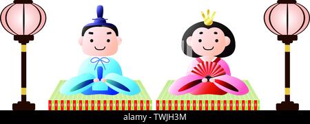 Si tratta di bambole e tatami e lanterne di carta utilizzati in giapponese festival chiamato Hinamatsuri. Illustrazione Vettoriale