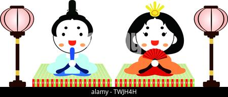Si tratta di bambole e tatami e lanterne di carta utilizzati in giapponese festival chiamato Hinamatsuri. Illustrazione Vettoriale