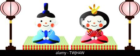 Si tratta di bambole e tatami e lanterne di carta utilizzati in giapponese festival chiamato Hinamatsuri. Illustrazione Vettoriale