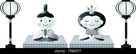 Si tratta di bambole e tatami e lanterne di carta utilizzati in giapponese festival chiamato Hinamatsuri. Illustrazione Vettoriale