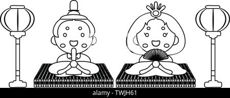 Si tratta di bambole e tatami e lanterne di carta utilizzati in giapponese festival chiamato Hinamatsuri. Illustrazione Vettoriale