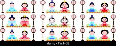 Si tratta di bambole e tatami e lanterne di carta utilizzati in giapponese festival chiamato Hinamatsuri. Illustrazione Vettoriale