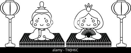 Si tratta di bambole e tatami e lanterne di carta utilizzati in giapponese festival chiamato Hinamatsuri. Illustrazione Vettoriale