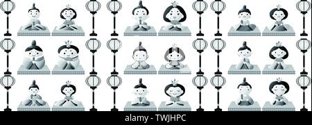 Si tratta di bambole e tatami e lanterne di carta utilizzati in giapponese festival chiamato Hinamatsuri. Illustrazione Vettoriale