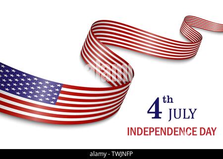 Sventola bandiera degli Stati Uniti d'America su sfondo bianco. Modello per il giorno di indipendenza. Illustrazione Vettoriale