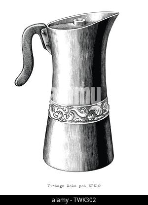 Incisione Antica illustrazione di Moka pot in bianco e nero di clipart isolati su sfondo bianco Illustrazione Vettoriale