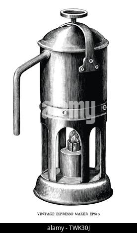 Incisione antica immagine della caffettiera Espresso in bianco e nero di clipart isolati su sfondo bianco Illustrazione Vettoriale