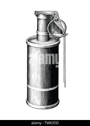 Il fumo granata disegnare a mano in stile vintage in bianco e nero di clipart isolati su sfondo bianco Illustrazione Vettoriale