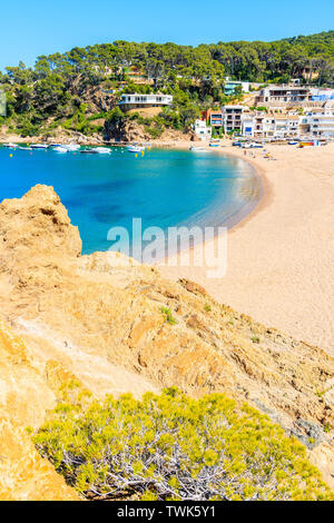 Pittoresca baia con rocce sulla spiaggia di Sa Riera village, Costa Brava, Spagna Foto Stock