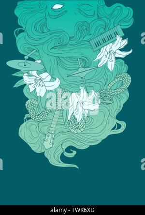 Disegnata a mano con arte Ragazza capelli mermaid, strumenti musicali e snake. Rock Indie music poster, t-shirt, il progetto di stampa Foto Stock
