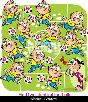 Illustrazione Vettoriale con un puzzle in cui devi trovare due identici i giocatori di calcio Illustrazione Vettoriale