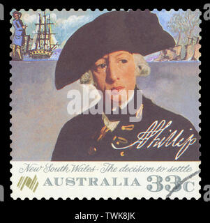 AUSTRALIA - circa 1986:annullato un francobollo da Australia che illustra la decisione di stabilirsi in Australia, circa 1986. Foto Stock