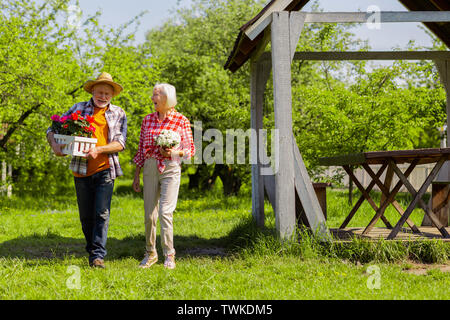 Paio di ridere. Ritirato felice l uomo e la donna a ridere dopo piantare fiori in vasi insieme Foto Stock